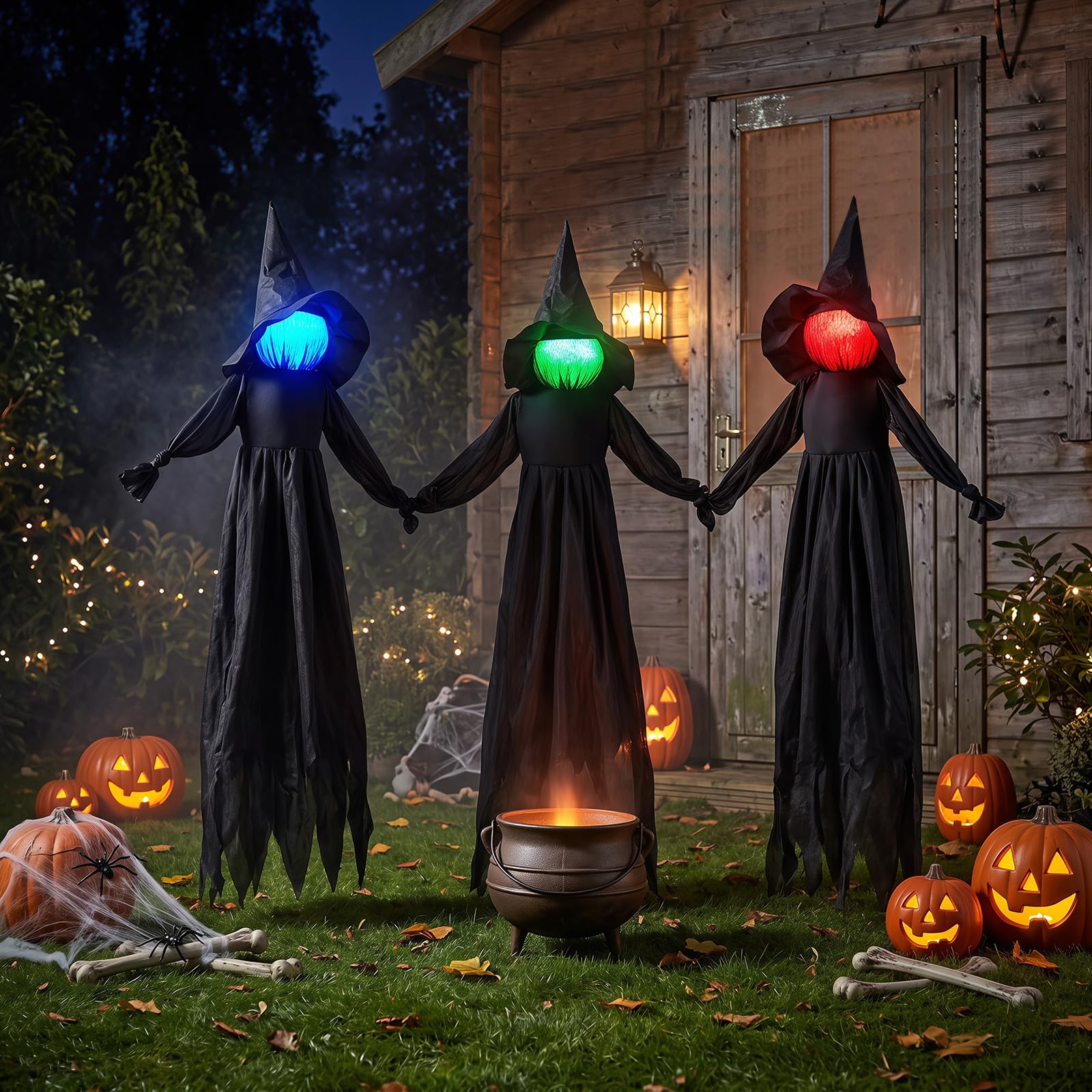 Tangkula 9.3 FT Outdoor Halloween Decoration Light Up Witch Stakes Set of 3